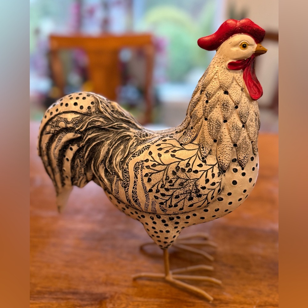 Decorative Vintage Style Black and White Rooster Figurine Chicken Collection